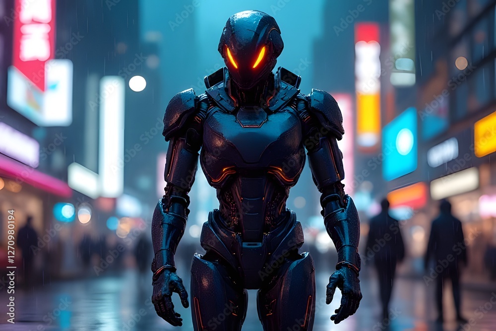 Futuristic Robot in Neon City Rain at Night with LED Eyes Futuristic Robot in Neon City Rain at Night with LED Eyes