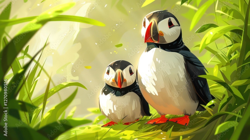 Naklejka premium Two colorful puffins stand amidst lush greenery, illuminated by soft sunlight.