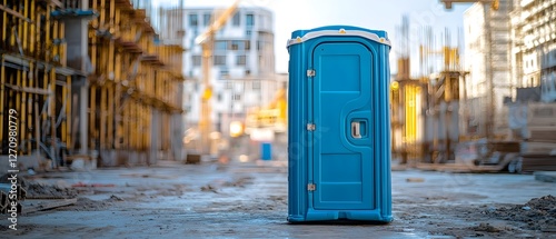 Area Services Sanitary, Vibrant Blue Portable Toilet Stands Out in Monochrome Construction Site