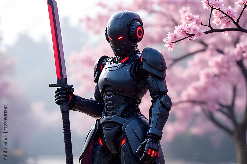 Naklejka premium Futuristic Robot Warrior with Sword in Cherry Blossom Landscape