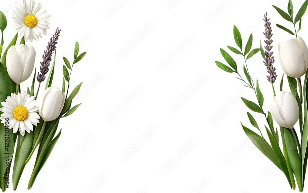 Spring Awakening nature renewal concept. Floral arrangement featuring white tulips, daisies, and lavender with green foliage, creating a fresh and vibrant border design. Spring Awakening nature renewal concept. Floral arrangement featuring white tulips, daisies, and lavender with green foliage, creating a fresh and vibrant border design.