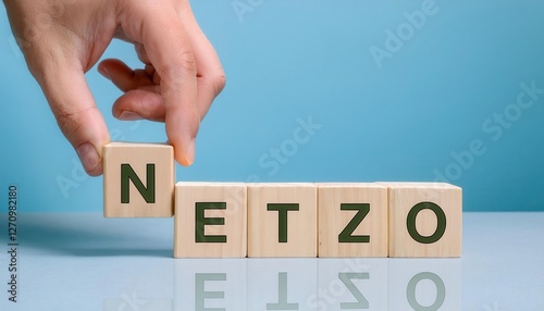Wallpaper Mural A hand rearranging wooden blocks to spell out the word 'NETZO' zero against a blue background. Torontodigital.ca
