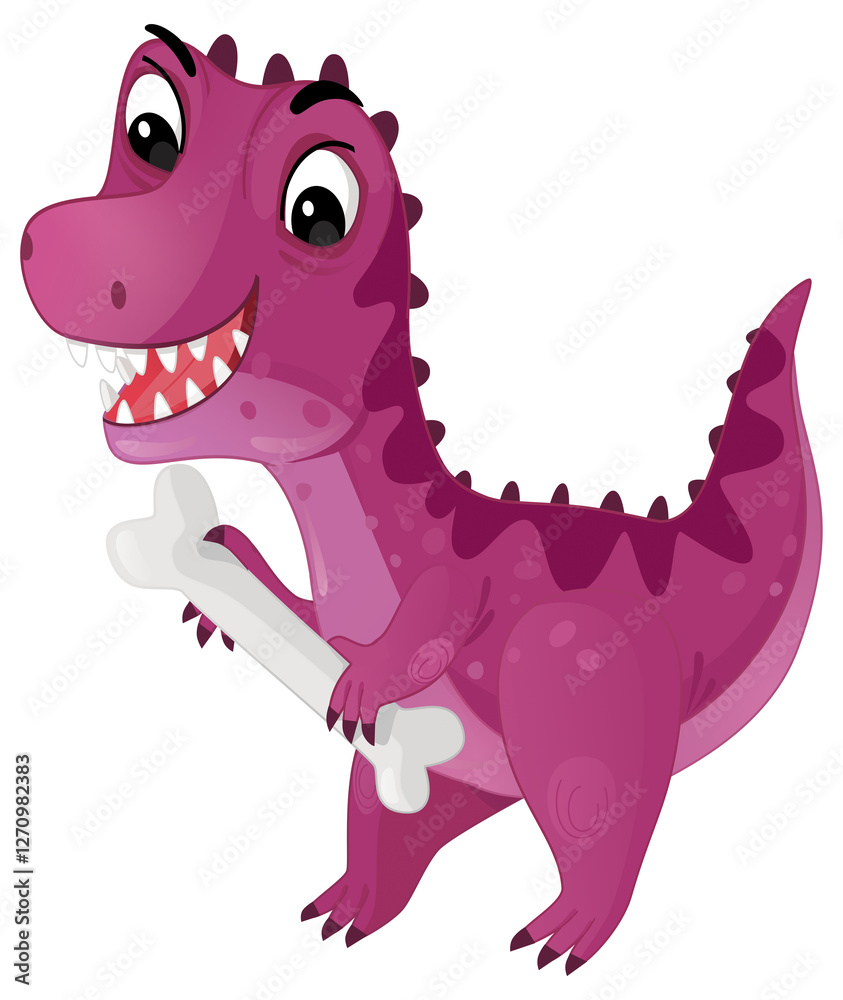 Fototapeta premium cartoon scene with happy prehistoric animal tyrannosaurus trex velociraptor dino dinosaur smiling walking and biting eating bone isolated on white background illustration for children