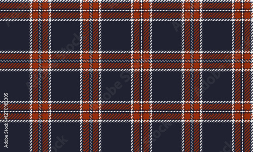 Seamless plaid pattern, navy blue, orange, white, for use in designing clothes, skirts or pants, adding style and distinction to your fashion.