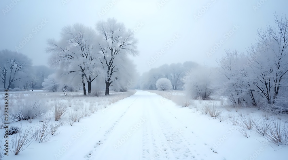 Obraz premium Winter Wonderland: A Frosty Path Through a Snow-Covered Landscape
