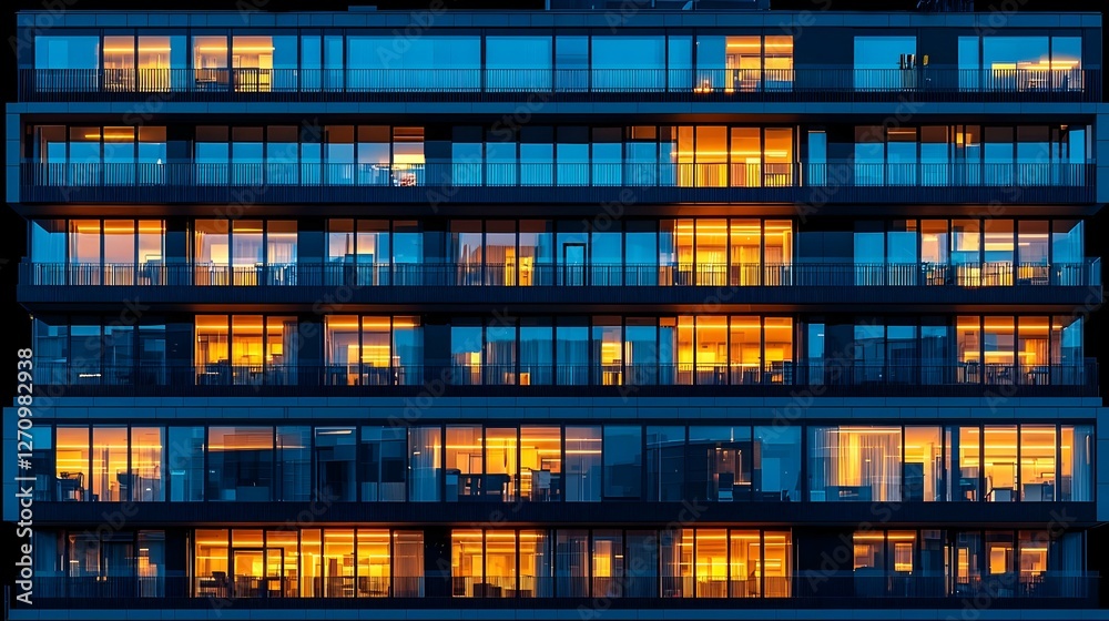 Illuminated Modern Apartment Building at Night Illuminated Modern Apartment Building at Night