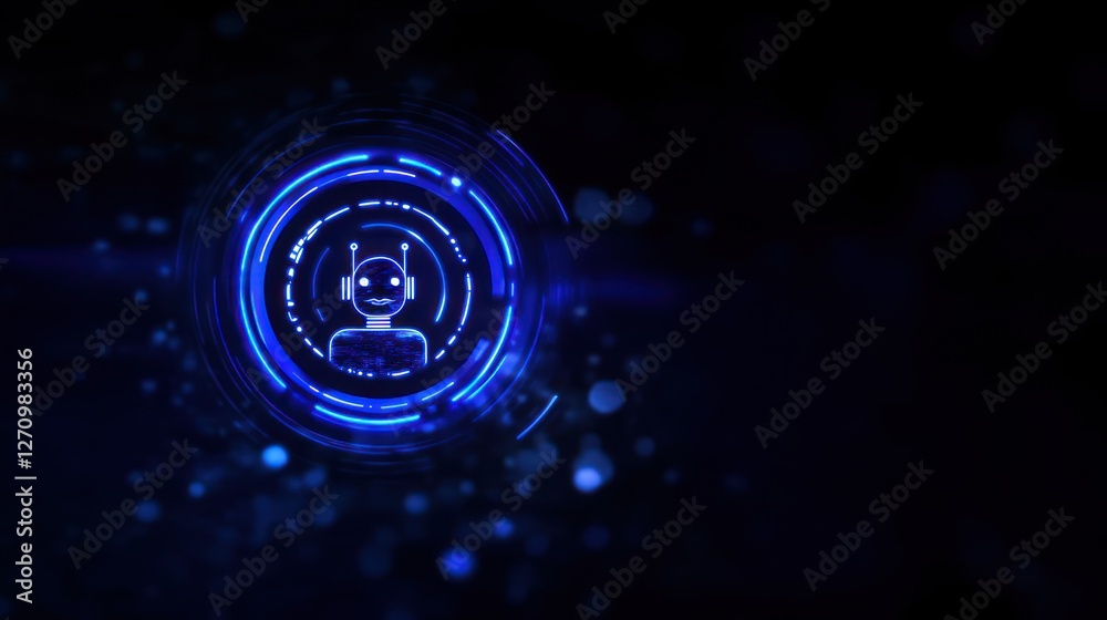 A glowing blue circle with a robot head icon on a dark background, symbolizing AI customer profiling, customer segmentation, and predictive analytics in artificial intelligence