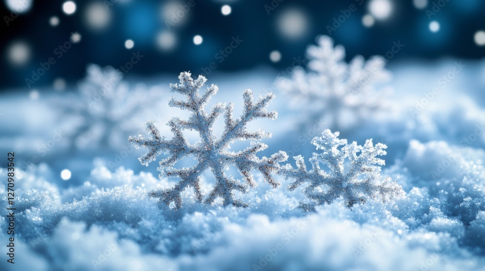 Realistic Snowflakes on Soft Snow with Blurred Background Effect Realistic Snowflakes on Soft Snow with Blurred Background Effect
