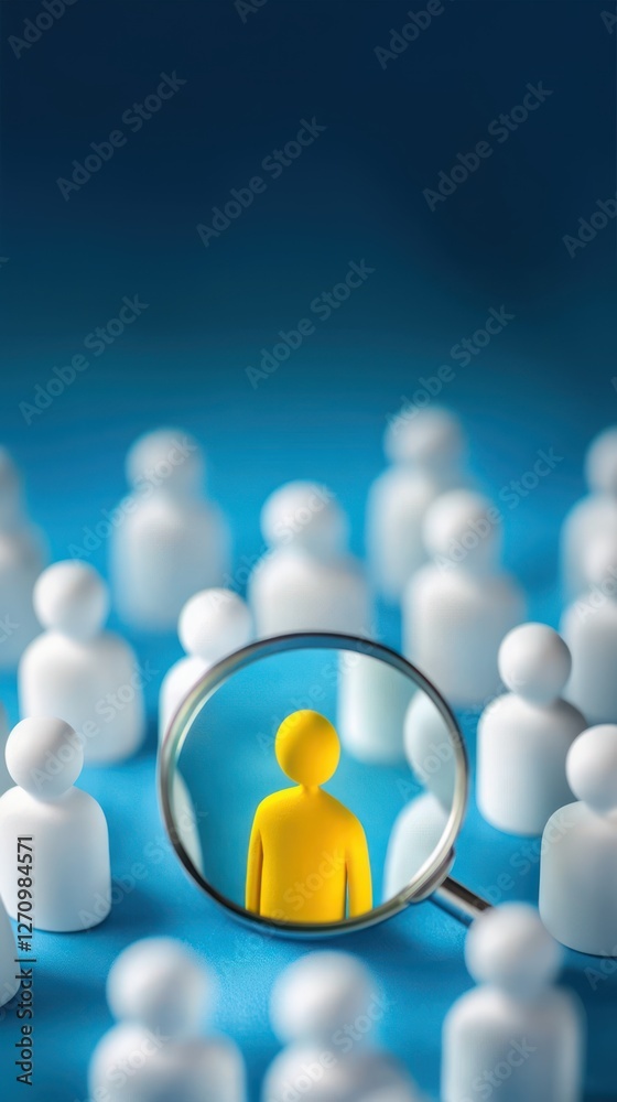 Obraz premium A magnifying glass over white figures with one yellow figure in the center, representing AI customer profiling, customer segmentation, and predictive analytics in targeted marketing