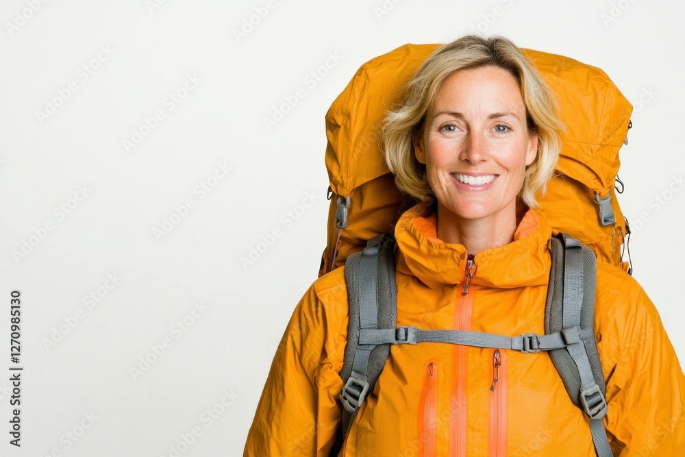 Smiling female hiker in an orange jacket and backpack, embodying adventure and outdoor spirit with a cheerful expression against a light background Smiling female hiker in an orange jacket and backpack, embodying adventure and outdoor spirit with a cheerful expression against a light background
