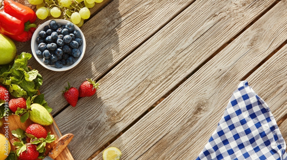 Fresh Summer Fruits and Vegetables on Rustic Wooden Tabletop Background Fresh Summer Fruits and Vegetables on Rustic Wooden Tabletop Background