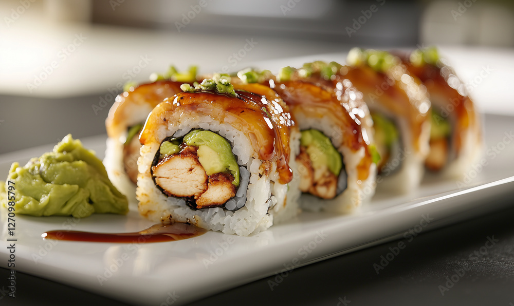 Sushi rolls topped with sauce and garnished with wasabi on a white plate, showcasing a delectable presentation of Japanese cuisine. Sushi rolls topped with sauce and garnished with wasabi on a white plate, showcasing a delectable presentation of Japanese cuisine.