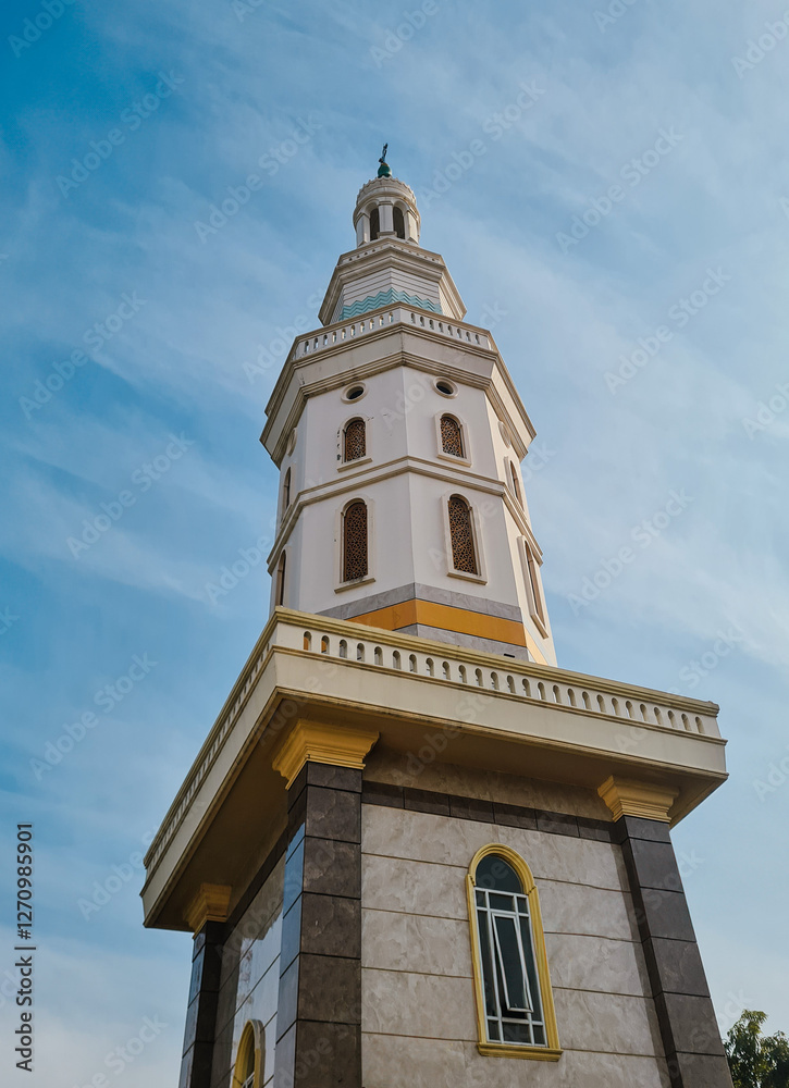 The Majestic minaret of Mosque against clear blue sky with some clouds. Ramadan theme photos. The Majestic minaret of Mosque against clear blue sky with some clouds. Ramadan theme photos.
