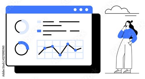 Woman observing a digital dashboard displaying various charts and graphs. Ideal for data analysis, business strategy, market research, statistics, performance tracking, decision making