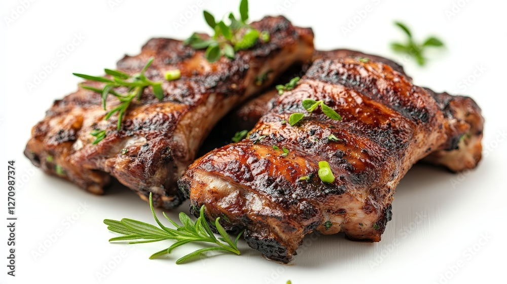 Grilled meat ribs garnished with herbs, showcasing a delicious food presentation. Grilled meat ribs garnished with herbs, showcasing a delicious food presentation.