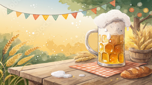 Watercolor beer mug with frothy golden beer spilling over a rustic wooden table, festive and warm atmosphere celebrating Oktoberfest with copy space  