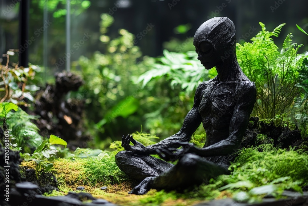 Fototapeta premium Intriguing alien sculpture meditates amid lush greenery in a tranquil indoor setting