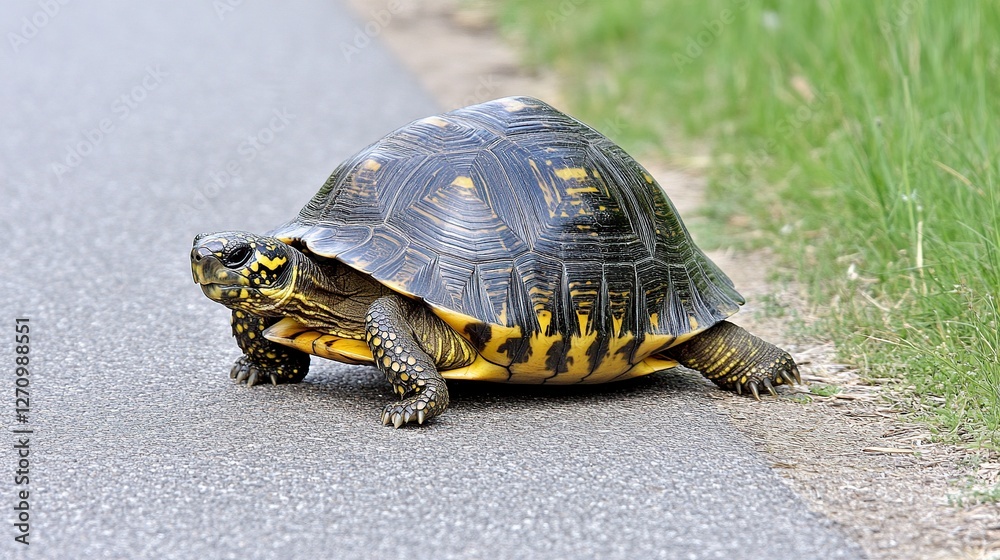 Turtle crossing road, roadside grass, nature, wildlife Turtle crossing road, roadside grass, nature, wildlife