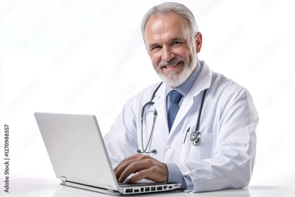 Happy mature white doctor looking young and smart using laptop looking at camera male professional consultation. Happy mature white doctor looking young and smart using laptop looking at camera male professional consultation.