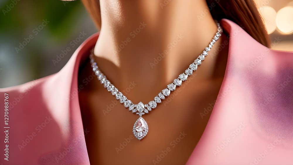 A close-up of an elegant diamond necklace featuring a central pear-shaped pendant, worn with a pink garment. Concept Elegant Diamond Necklace, Pear-Shaped Pendant, Close-Up Photography A close-up of an elegant diamond necklace featuring a central pear-shaped pendant, worn with a pink garment. Concept Elegant Diamond Necklace, Pear-Shaped Pendant, Close-Up Photography