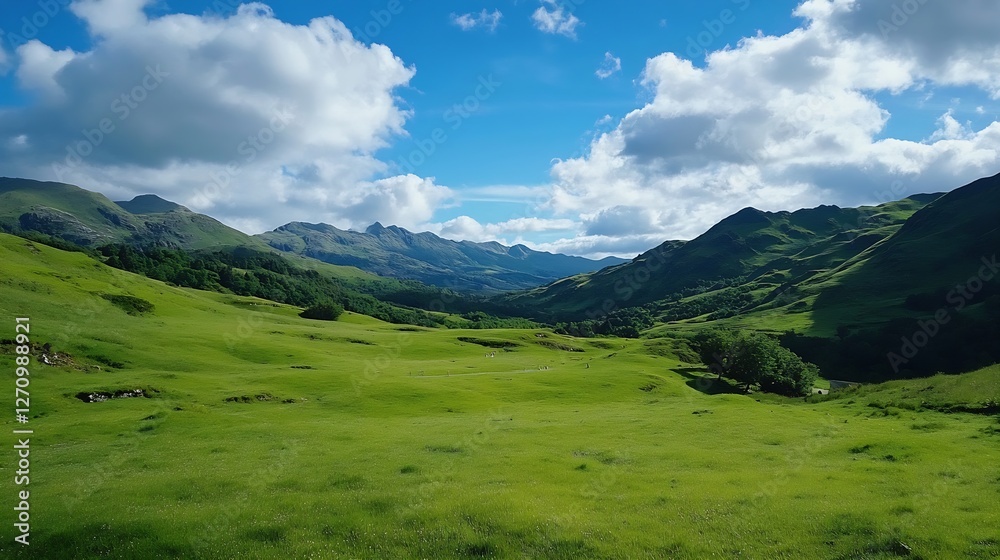 Obraz premium Breathtaking view of rolling green hills under a blue sky with fluffy white clouds : Generative AI