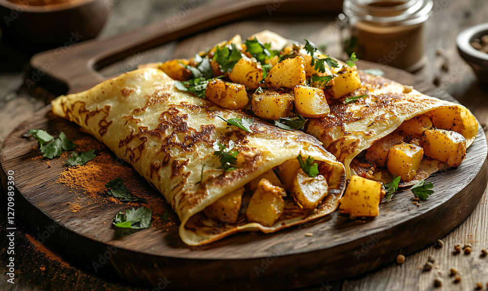 Delicious crepes filled with diced fruits and garnished with herbs on a rustic wooden board. Delicious crepes filled with diced fruits and garnished with herbs on a rustic wooden board.