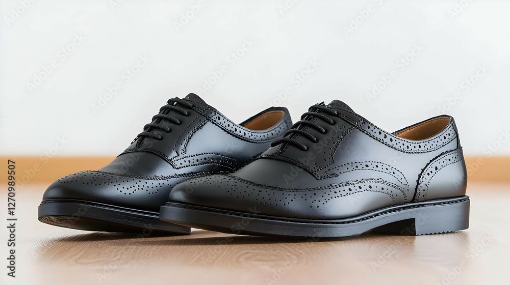 Pair of Black Leather Brogue Shoes on Light Brown Wood Floor Pair of Black Leather Brogue Shoes on Light Brown Wood Floor