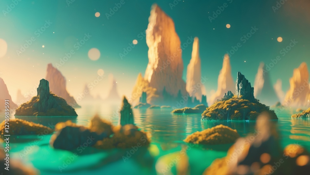 Fototapeta premium Surreal landscape with towering rock formations reflecting in tranquil water under a dreamy sky at twilight