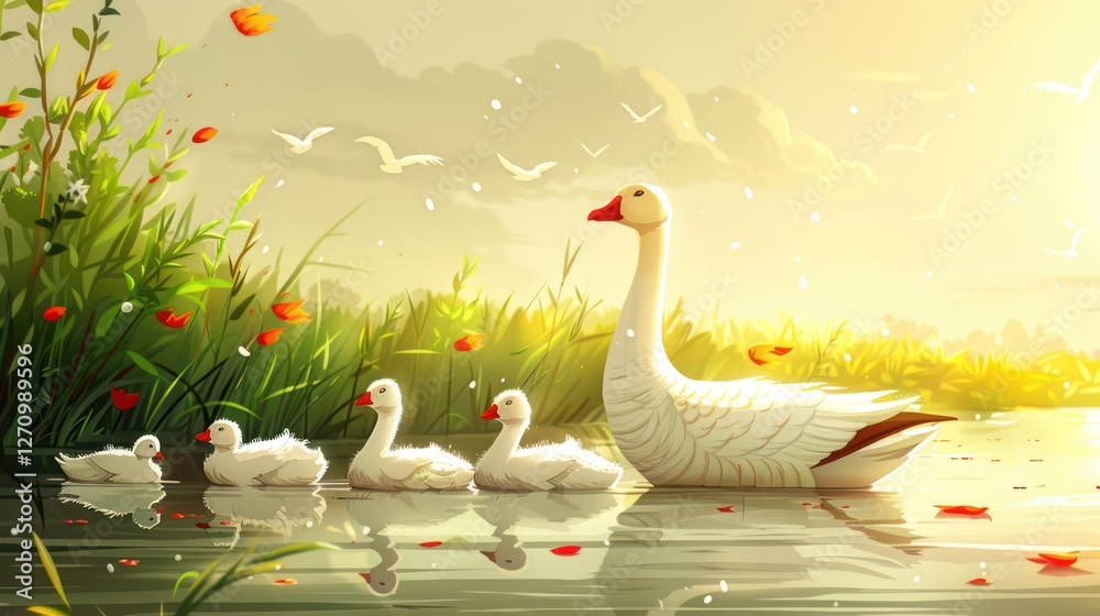 Obraz premium A serene scene of a mother goose and her goslings swimming in a tranquil pond at sunset.