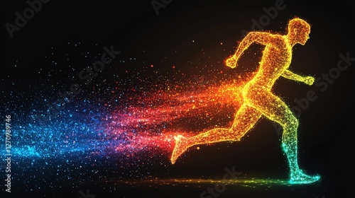 Abstract representation of a running man constructed from dynamic colorful particles