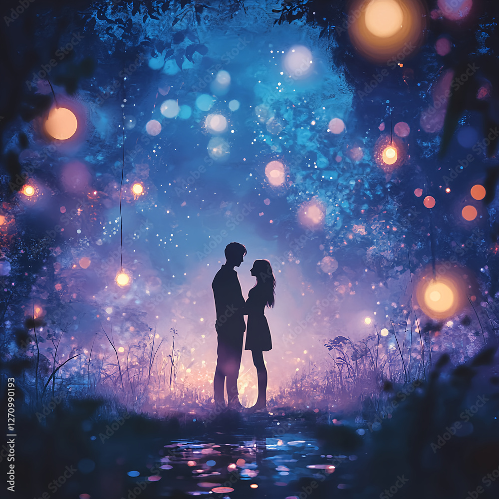Obraz premium Romantic couple silhouetted in a magical forest setting