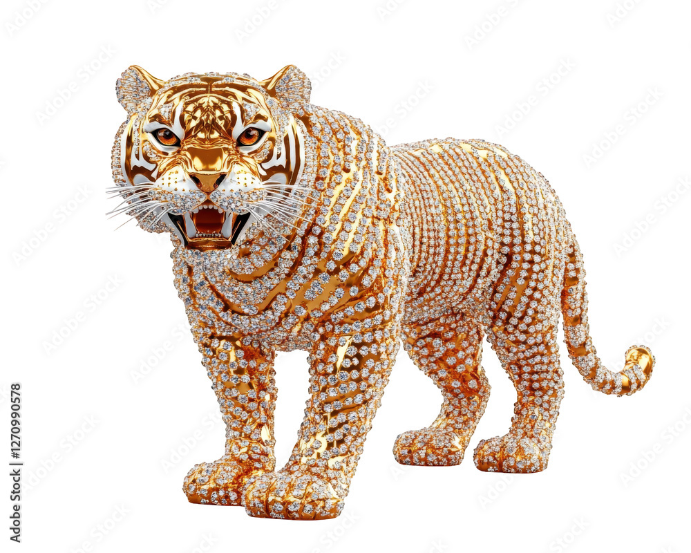 Fototapeta premium stunning golden tiger statue encrusted with diamonds, showcasing fierce details and majestic presence. This exquisite piece captures essence of strength and beauty