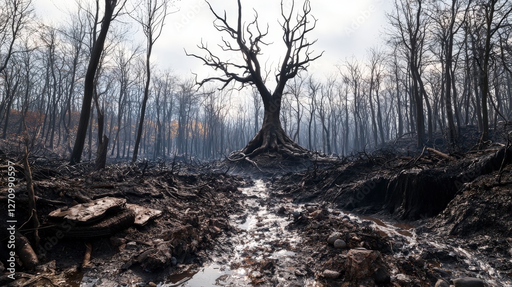 Environmental crisis the devastation of wilting trees and charred landscapes in forest ecosystems
