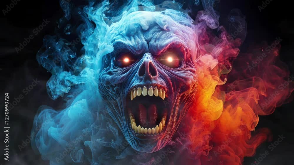 smoky and scary Skull head with Glowing Red Eyes on black background