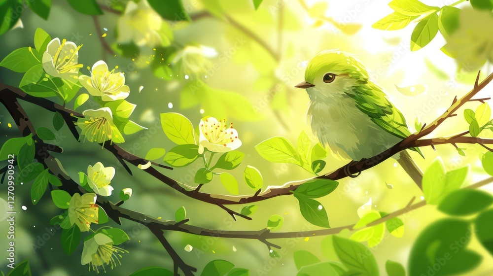Obraz premium A vibrant green bird perched on a branch among blossoms and leaves, illuminated by sunlight.