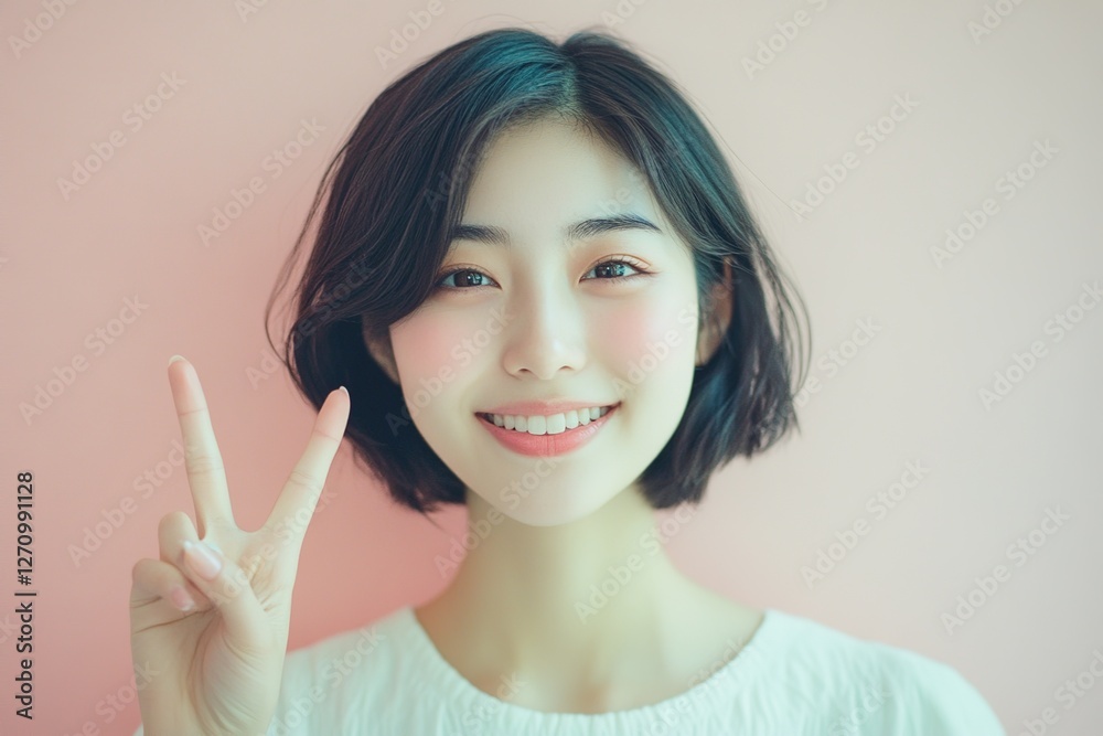 pretty cheerful asian young woman with short hair showing peace or victory gesture on pastel pink background pretty cheerful asian young woman with short hair showing peace or victory gesture on pastel pink background