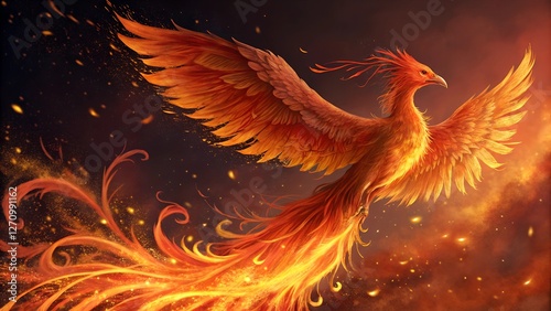 A magical phoenix rising from a sea of fire with brilliant orange and red feathers.