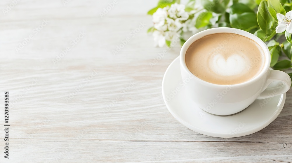 Delicious Coffee Cup with Heart Design Surrounded by Fresh Greenery and Blossoms : Generative AI