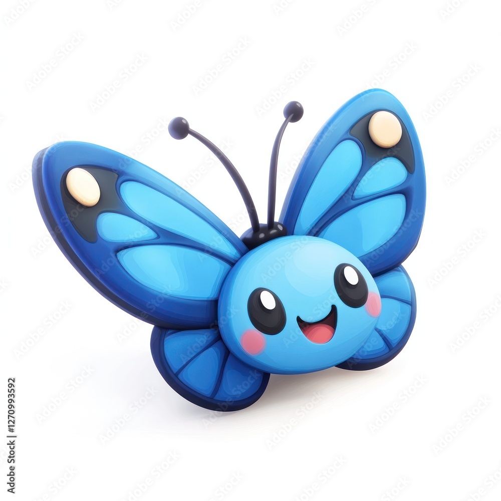 Obraz premium Cute cartoon blue butterfly with big eyes and a smiling face.