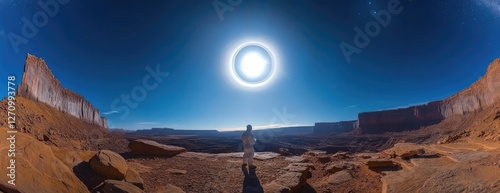 Desert explorer witnessing annular solar eclipse. Canyon landscape background. Stock photo photo