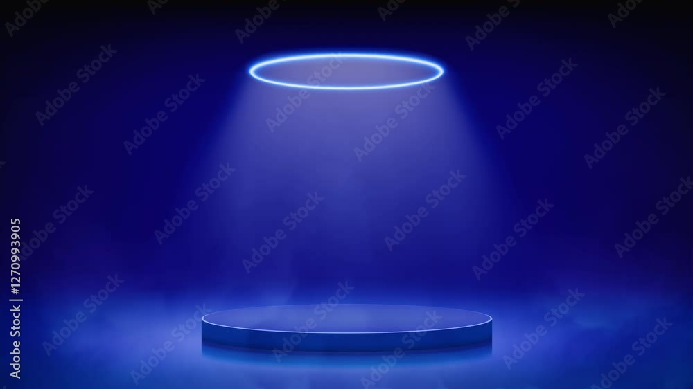 Futuristic blue stage, podium. Studio round podium pedestal. Circular neon, led halo. Loopable animation smoky background for displaying products, presentation. Backdrop. Showcase. Seamless loop