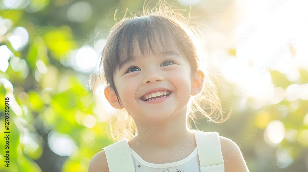 Joyful child smiling in a sunlit garden surrounded by lush greenery, capturing a moment of happiness Joyful child smiling in a sunlit garden surrounded by lush greenery, capturing a moment of happiness