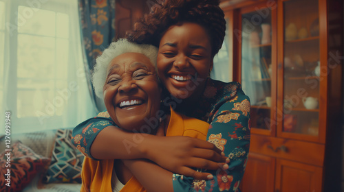 Portrait of black grandmother and granddaughter hugging and smiling at home