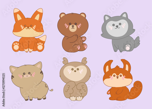 Set of forest animals in kawaii style. Fox, bear, wolf, wild boar, owl, squirrel. Adorable character cartoon vector illustration for stickers, childrens books, postcards, keychains, branding