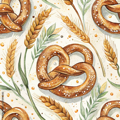 Seamless hand-painted pretzel background with twisted pretzels adorned with salt, surrounded by wheat and barley, representing Oktoberfest culinary delights  