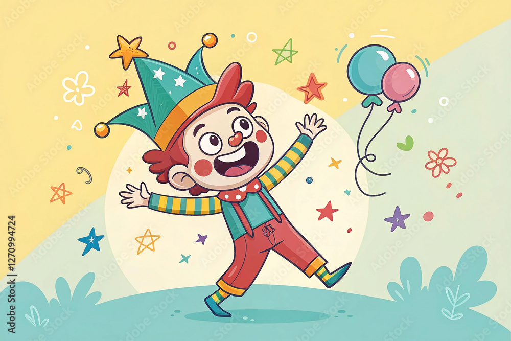 Fototapeta premium Happy clown child running with balloons, festive background