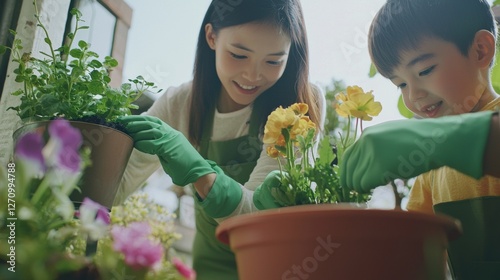A child and an adult are seen working together in a garden, wearing matching green gloves while carefully planting flowers in rich soil. 
