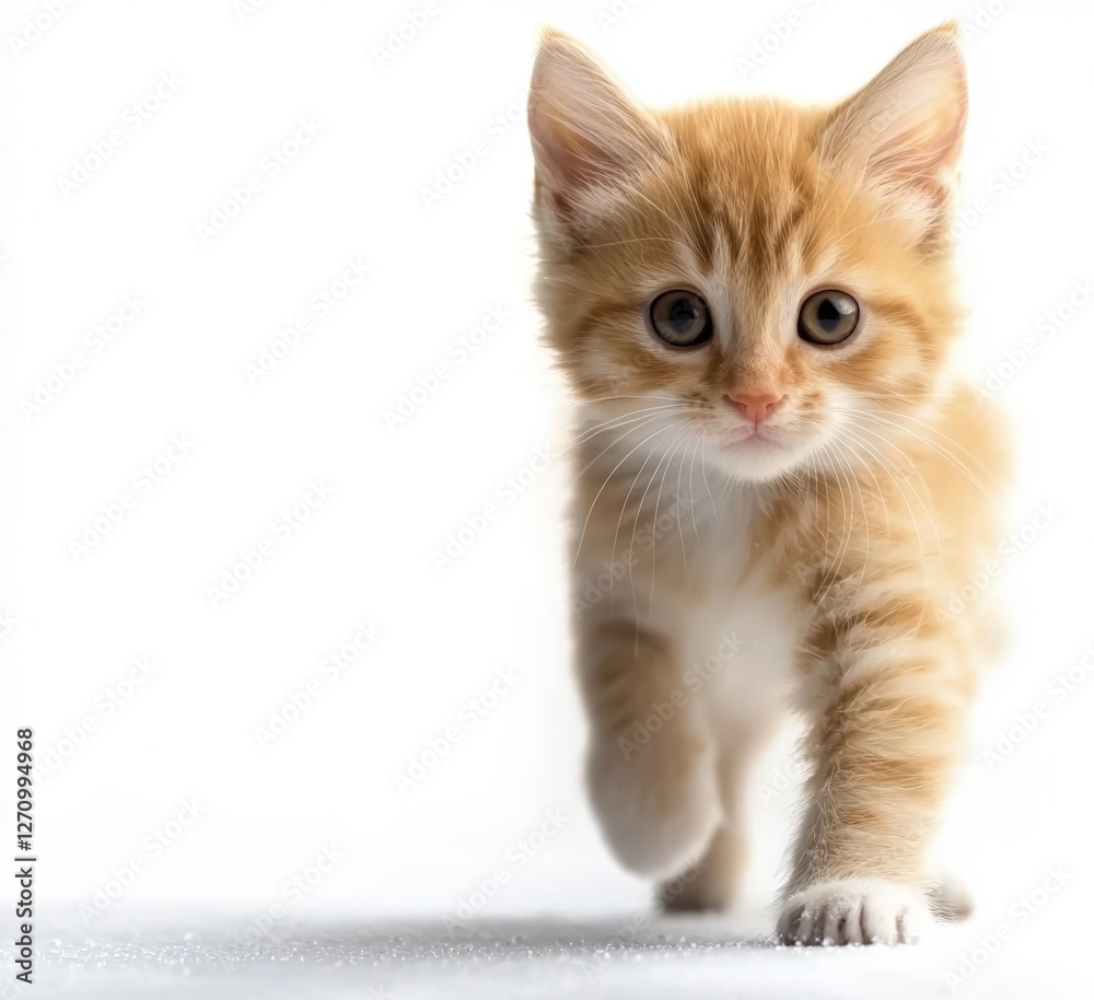 Fototapeta premium Curious Small Kitten Exploring a Bright White Surface with Playful Energy and Innocence Highlighting the Joy and Wonder of Feline Companionship