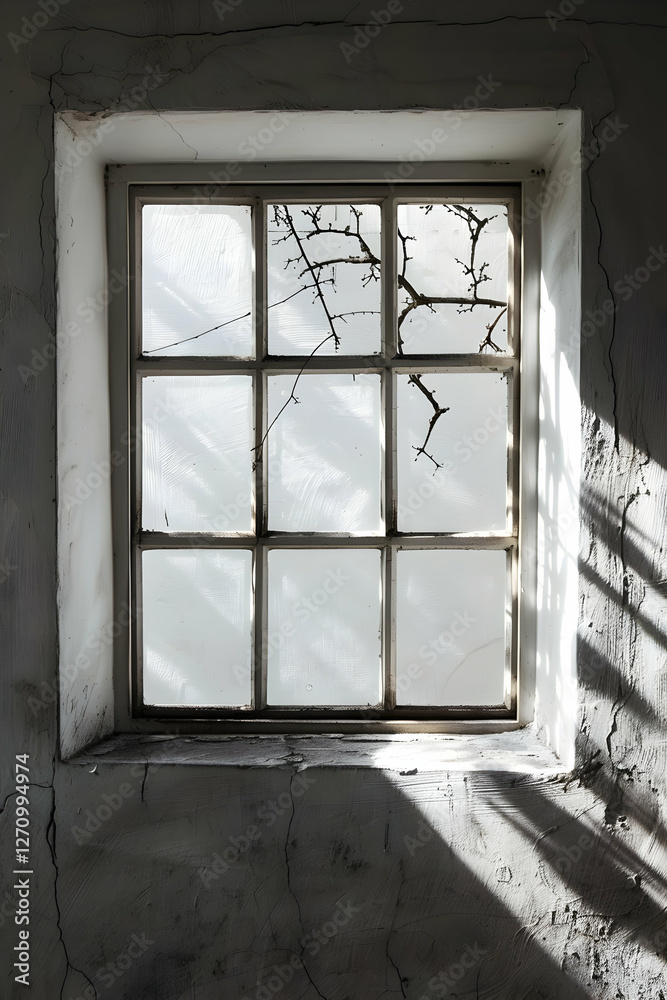 Obraz premium Sunlight streaming through an old window with a cracked pane, casting shadows on the wall