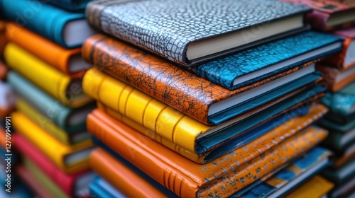 Colorful Stacked Vintage Books with Decorative Covers on Display